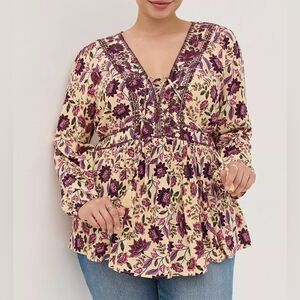 Torrid Floral Babydoll Rayon Crepe Embroidered Lace Up 3/4 Sleeve Plus Size Top